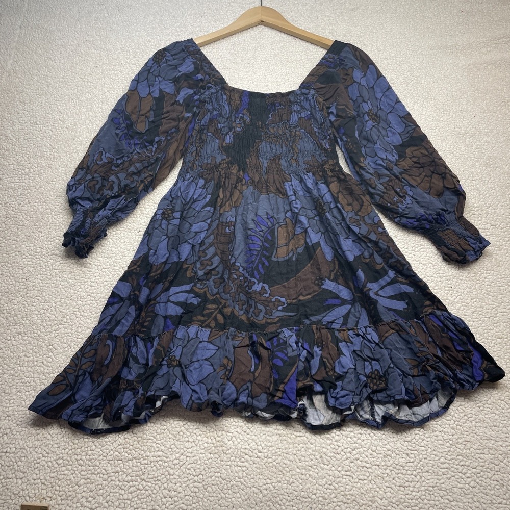 Olivaceous Dress Womens L Blue Floral Smocked Long Sleeve Ruffle Mini Boho 0677 - Picture 6 of 7